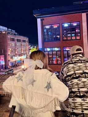 White Rhinestone Fringe Denim Jacket with Silver Star Accents new with tags